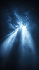 Night sky, light beams through clouds, celestial scene, background image, stock photography