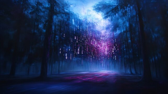 a digital forest landscape with falling digital code and a vibrant, surreal color palette. the image evokes a sense of technology meeting nature.