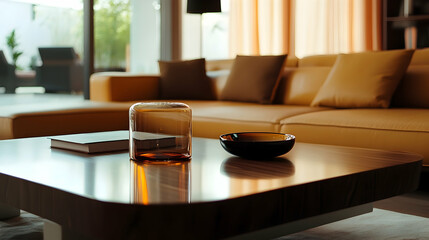 Close-up of minimalist living room decor with sofa and coffee table