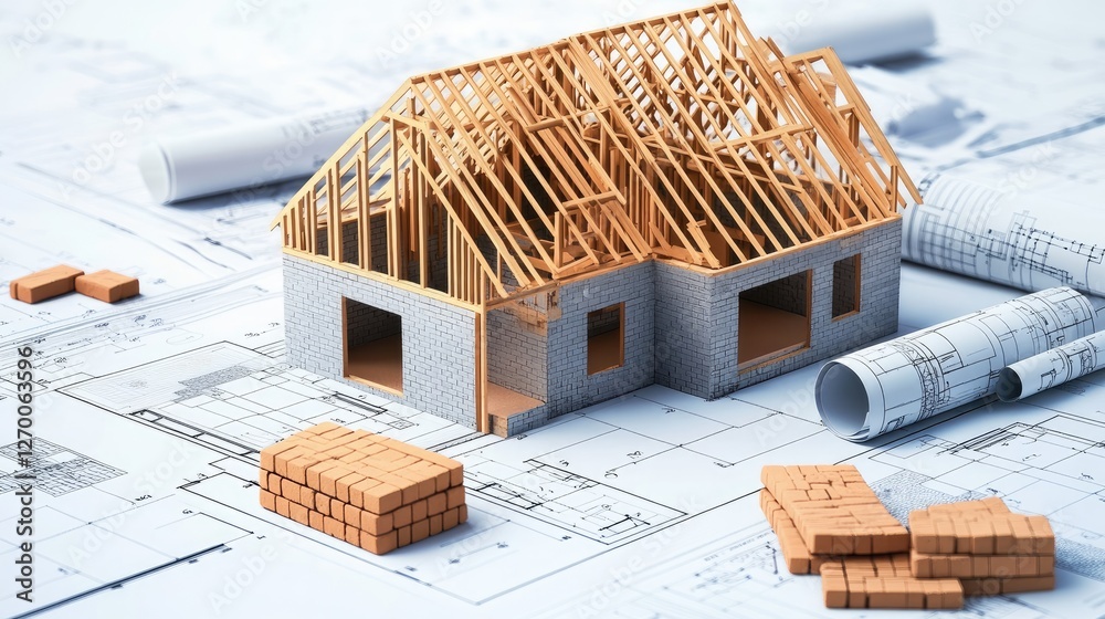 Poster A construction site showing bricks, blueprints, and the skeletal frame of a house, highlighting the connection between design and execution.