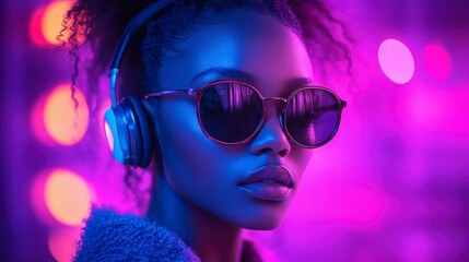 Portrait of a Stylish Woman with Headphones and Sunglasses in Neon Light