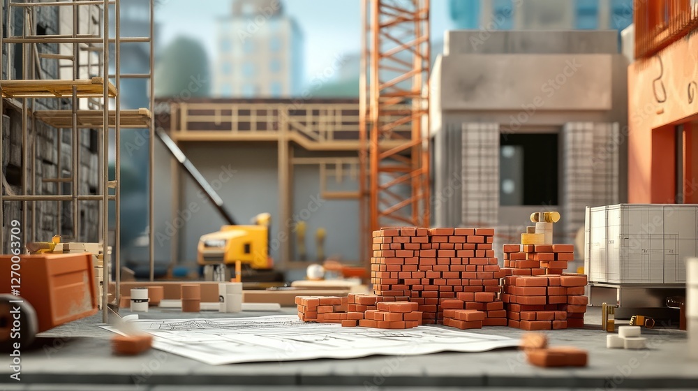 Poster a construction site with bricks stacked, blueprints spread out, and scaffolding set up, illustrating