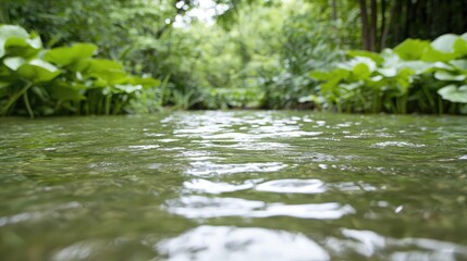 Fototapeta premium Clear water flows gently in a shallow forest stream surrounded by lush green foliage during daytime.