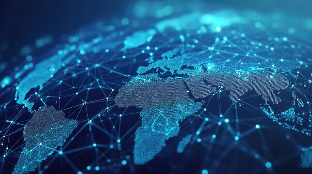 Secure blockchain finance, digital nodes interlinked across a global payment network.