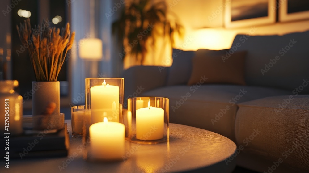 Poster a cozy living room with glowing candles set on a table, creating a serene and tranquil ambiance for 