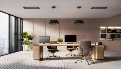 Modern office interior with wooden furniture and minimalist decor D Rendering