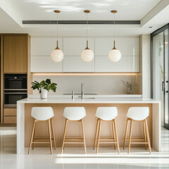 Modern kitchen interior featuring a wooden dining table and chairs, bright lighting, large windows, and stylish decor, creating a cozy and inviting space for indoor living