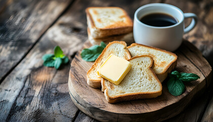 Butter and bread for breakfast, with cup of coffee over rustic wooden background with copy space. Morning breakfast with coffee, butter and toasts