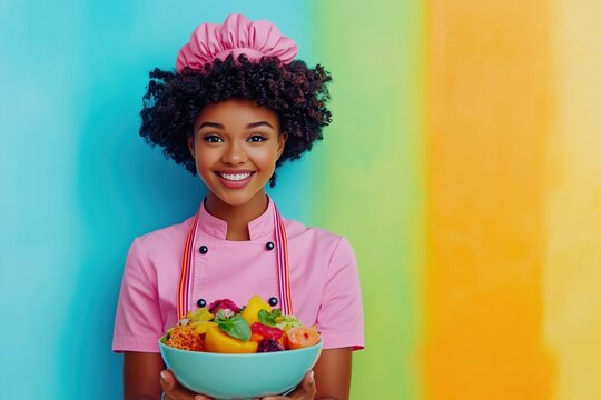 Chef critiques vibrant gourmet dish with a joyful smile in bright kitchen setting