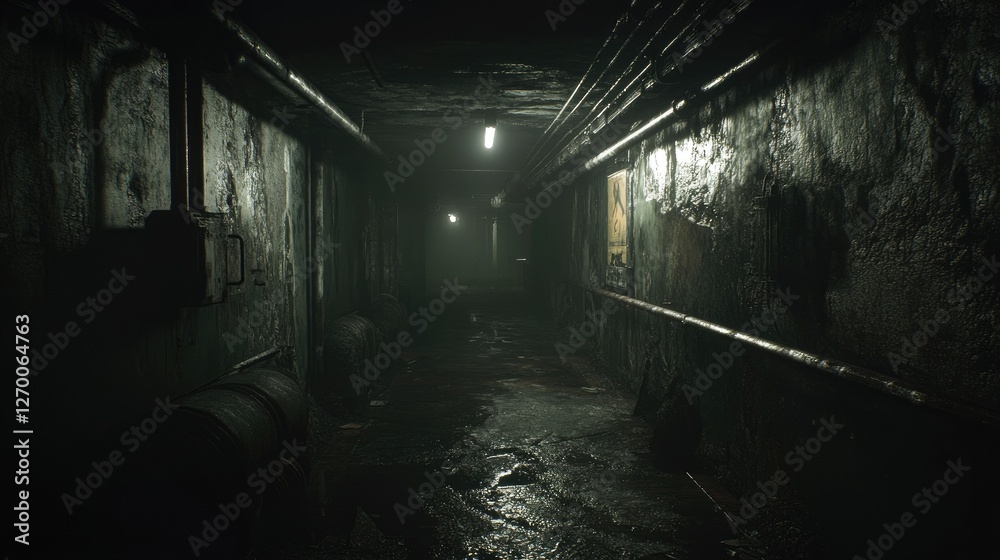 Poster a dark, damp underground tunnel with walls covered in moisture and faint lighting, creating an unset