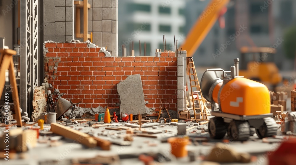 Poster a detailed 3d rendering of a construction site with a partially built brick wall, tools like a shove