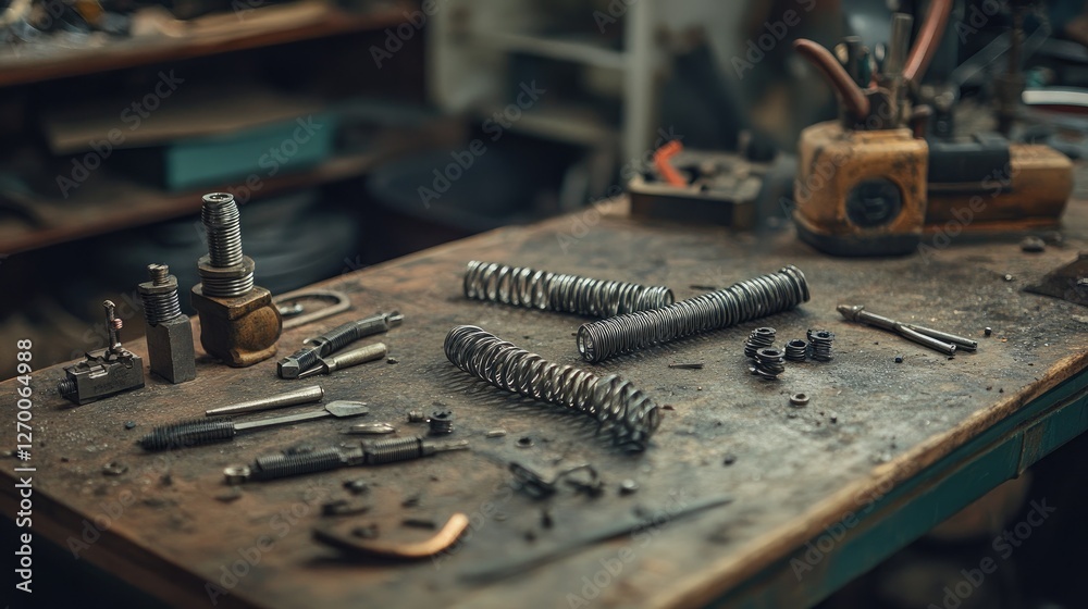 Poster a detailed close-up of metal springs and tools scattered across an industrial workshop workbench, hi