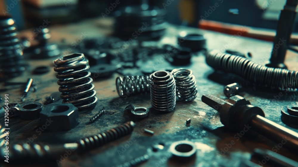 Poster a detailed close-up of metal springs and tools scattered across an industrial workshop workbench, hi