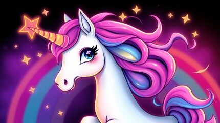 Illustration of a cartoon unicorn with a rainbow and stars. It has a vibrant and whimsical aesthetic.