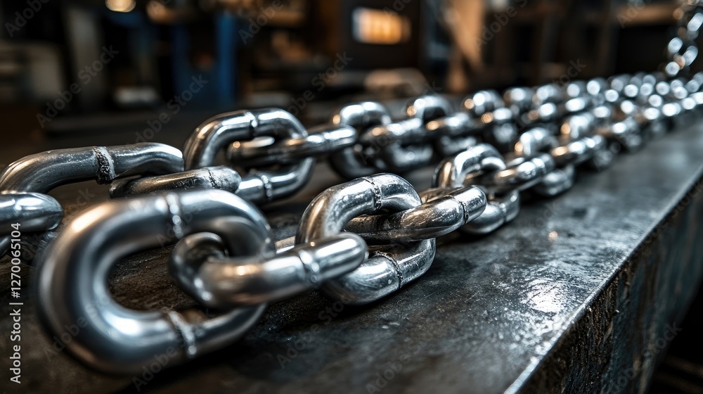 Poster A detailed close-up view of heavy metallic chains resting on a workbench, reflecting light and showcasing the intricacy and craftsmanship of the metal.