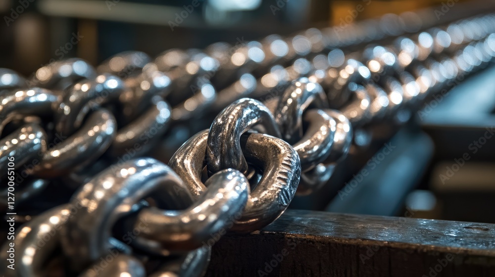 Poster A detailed close-up view of heavy metallic chains resting on a workbench, reflecting light and showcasing the intricacy and craftsmanship of the metal.