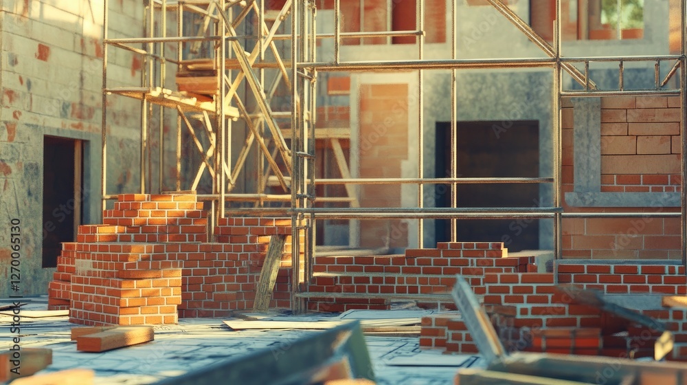 Poster a detailed house construction site with scaffolding, bricks, and blueprints, illustrating the constr