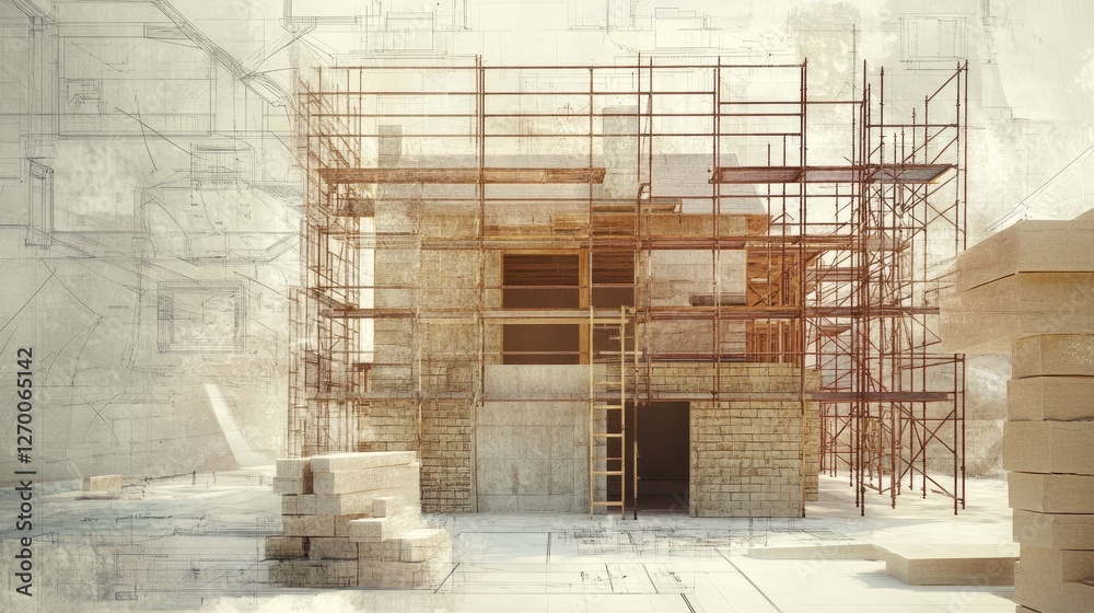 Poster a detailed house construction site with scaffolding, bricks, and blueprints, illustrating the constr