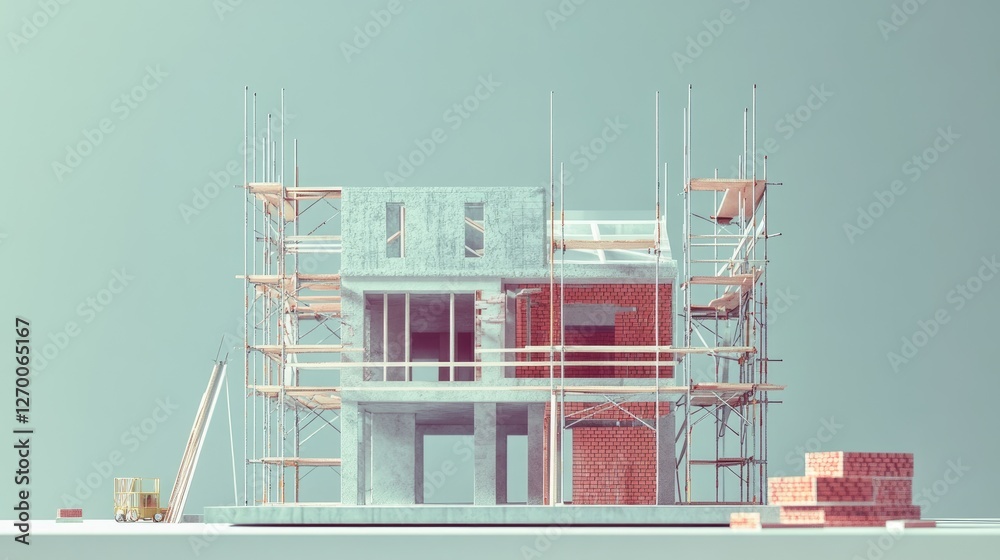 Poster a detailed house construction site with scaffolding, bricks, and blueprints, illustrating the constr