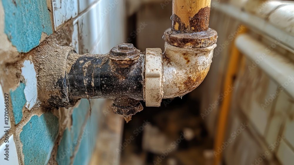 Poster a detailed shot of a pipe joint with water leaking at the connection, highlighting the urgency of re