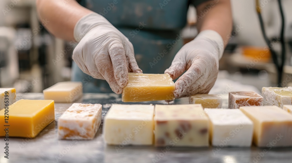 Poster A detailed shot of a soap maker cutting and preparing handmade soap bars, showcasing the process of creating high-quality artisanal soaps.