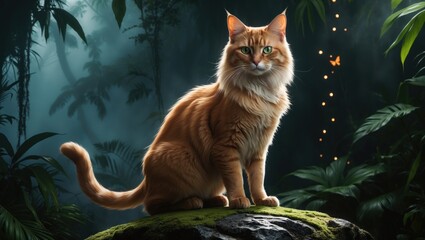 Obraz premium A majestic ginger cat sitting on a moss-covered rock surrounded by lush greenery and soft lighting in a tropical setting
