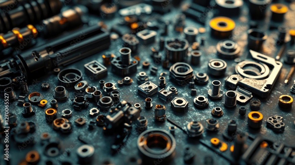 Poster a detailed shot of metallic parts and fasteners arranged on a dark surface, showcasing the quality a