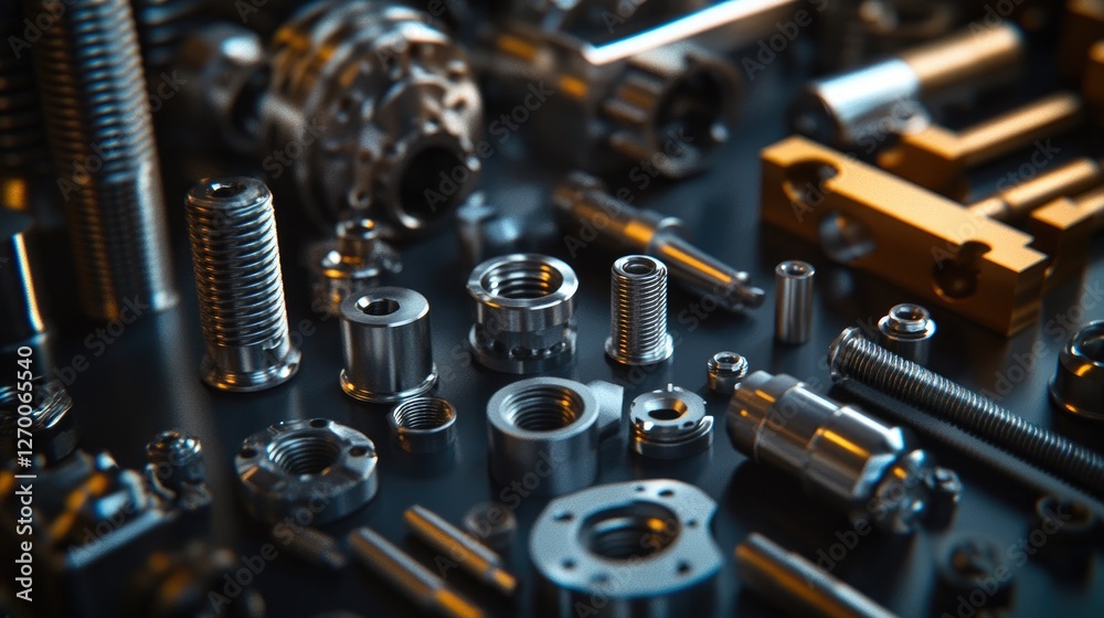 Poster a detailed shot of metallic parts and fasteners arranged on a dark surface, showcasing the quality a