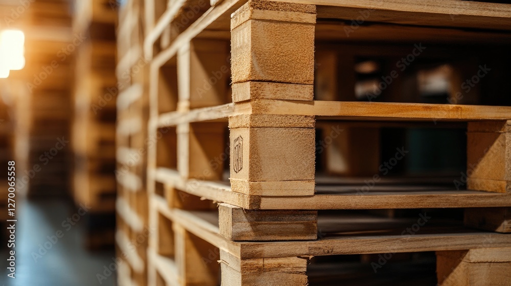 Poster a detailed shot of stacked wooden shipping pallets in a large warehouse, emphasizing the logistical 