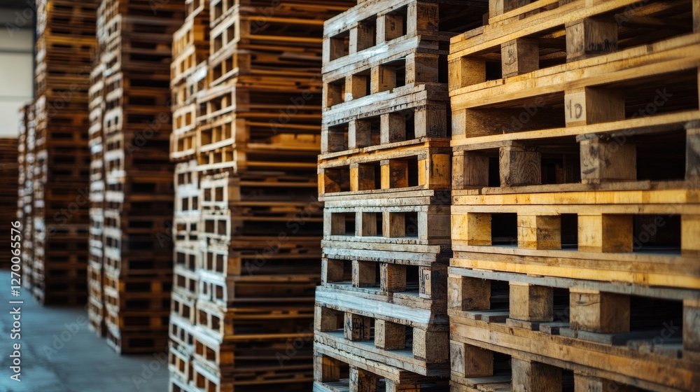 Poster a detailed shot of stacked wooden shipping pallets in a large warehouse, emphasizing the logistical 