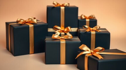 Elegant Wrapped Presents: A collection of gifts wrapped in dark paper with golden ribbons and bows.