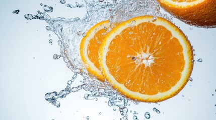 Sliced orange fruit suspended in the air, surrounded by vibrant water splashes, on a plain white background with ample copy space.