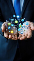 Businessman presenting digital network in hands (2)