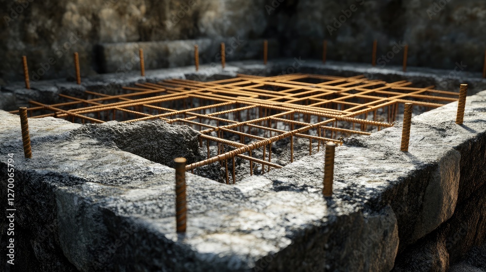 Poster A detailed view of a foundation pit, showing set rebar and formwork, symbolizing the preparation needed before concrete can be poured.