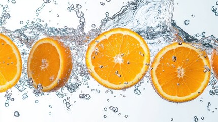 Sliced orange fruit suspended in the air, surrounded by vibrant water splashes, on a plain white background with ample copy space.