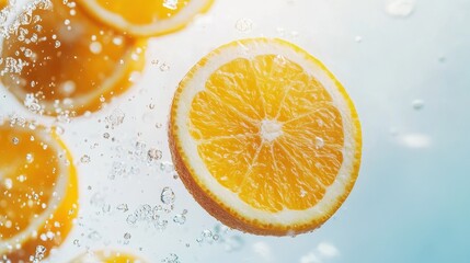 Sliced orange fruit suspended in the air, surrounded by vibrant water splashes, on a plain white background with ample copy space.