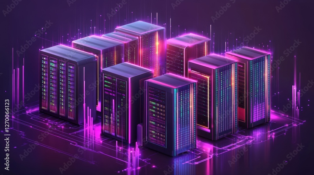 Poster virtual server room with ai-powered cloud data processing and cyber technology connections.