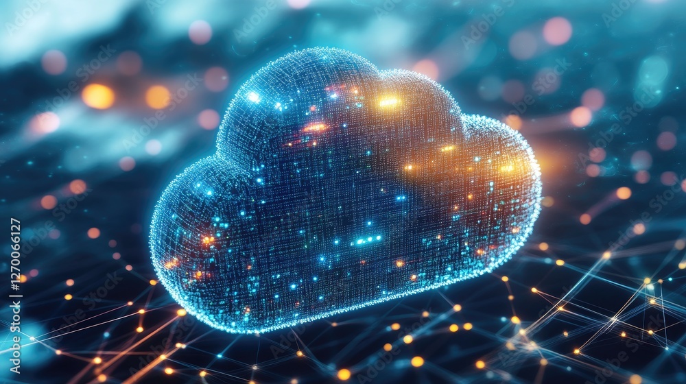 Poster virtual cloud storage with futuristic light trails and ai-driven data processing in motion.