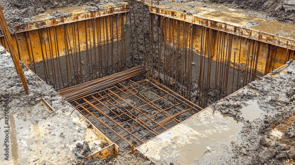 Aufkleber a detailed view of rebar and formwork in a foundation pit, carefully prepared for an upcoming concre