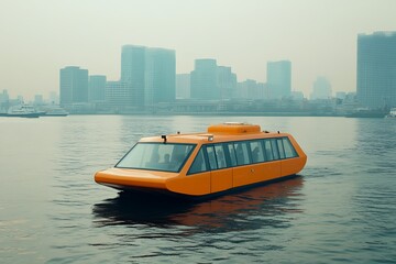 Fototapeta premium Orange Ferry on a Misty River, City Skyline