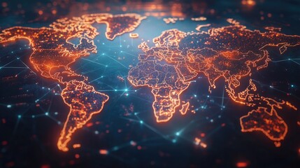 Worldwide cargo transportation concept, freight shipping lanes overlaid on a high-tech world map, glowing trade links