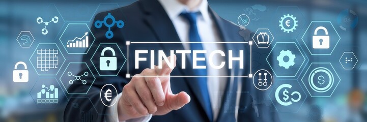 A man showcases financial technology with a digital interface