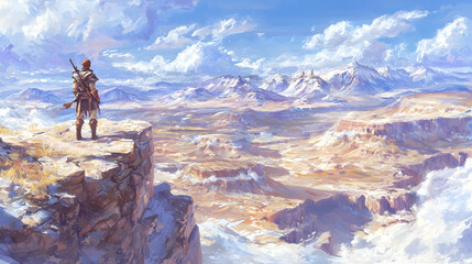 Obraz premium Lone explorer surveys vast snowy mountain range from clifftop, game background artwork