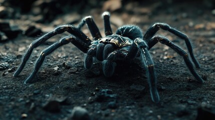 A dramatic shot of a tarantula in a defensive pose, emphasizing its large legs and the intimidating appearance of this species.