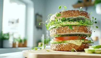 Explore vibrant culinary delight with A delicious plant-based sandwich with whole grain bread, avocado, tomato, and microgreens, served on a wooden cutting board This vegetarian sandwich is a feast