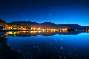 Colorful northern lights reflecting in the waters of a scenic lagoon
