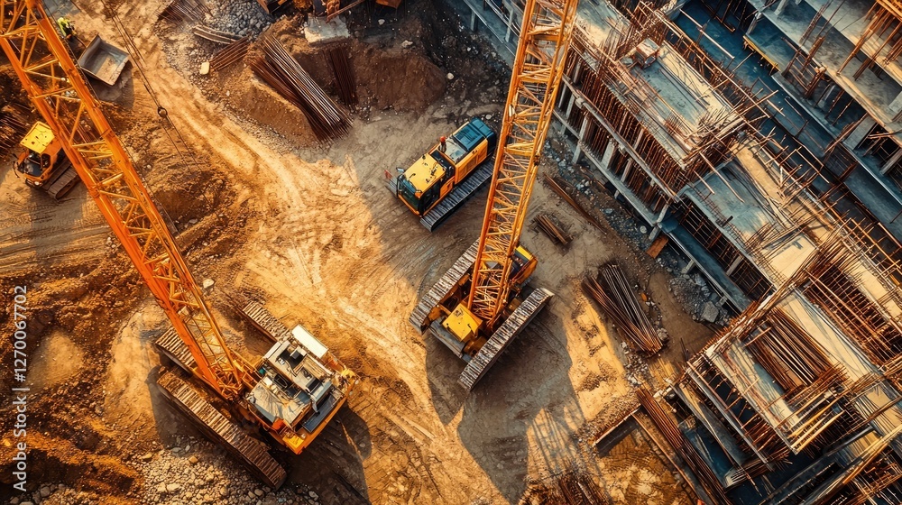 Poster a high-angle view of cranes, bulldozers, and loaders at work on a busy construction site, showcasing