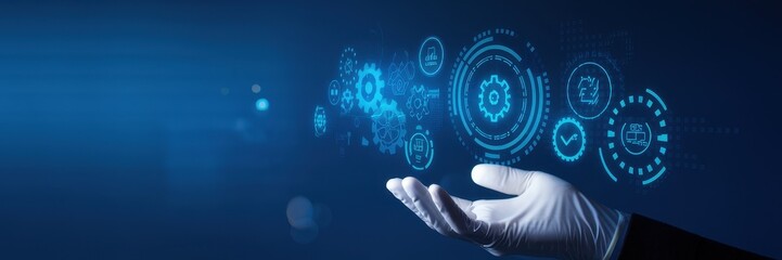 Gloved hand presenting digital icons and gears against blue background
