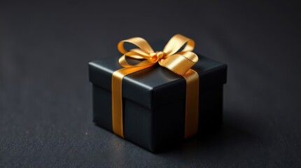 Fototapeta premium Elegant Black Gift: A sleek black gift box adorned with a gold ribbon, perfect for any special occasion.