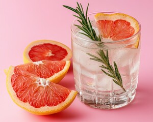 Indulge in the zesty delight of a refreshing glass of homemade lemonade with grapefruit slices and a sprig of rosemary, placed on a pastel pink background This vibrant still life captures the essence